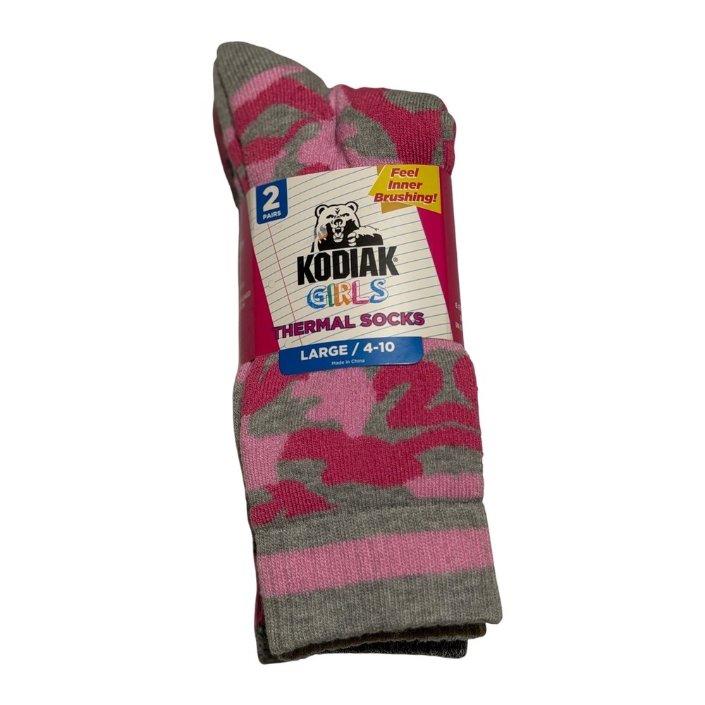 Kodiak Thermal Socks Pink Camo Inner‎ Brushing Warm Winter 2 Large Girls